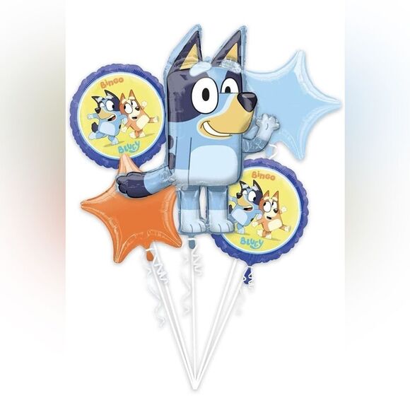 Bluey Happy Birthday Party Bingo Blue Heeler Dog Puppy 5 Piece Mylar Balloon - Picture 1 of 3